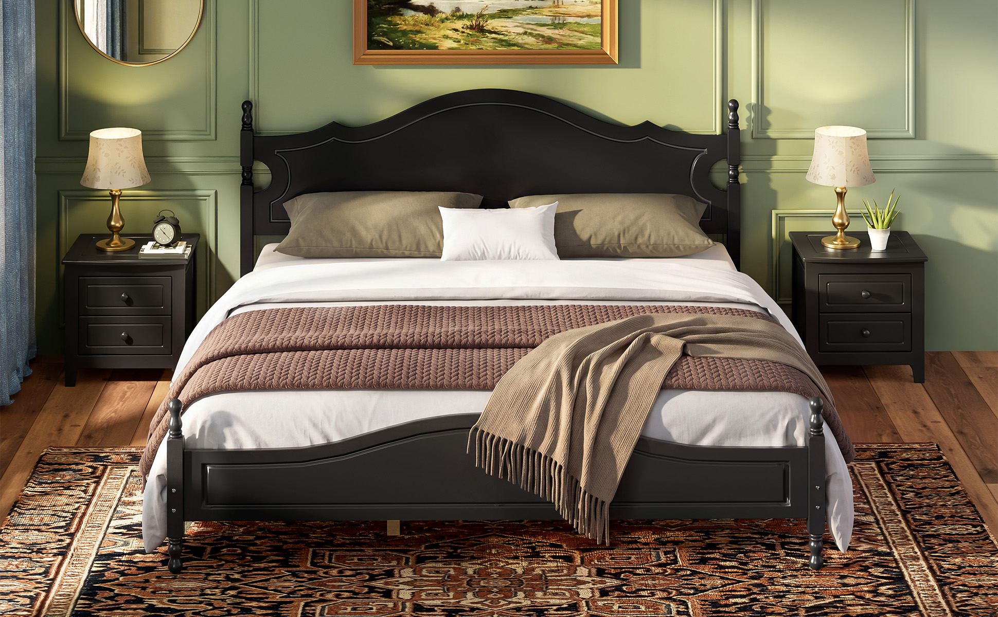Retro Style Wooden Platform Bed with Wood Slats Support