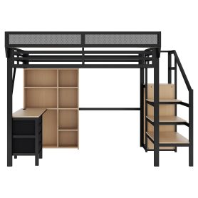 Full Size Loft Bed With Desk, Charging Station, 7 Open Storage Spaces And LED Lighting