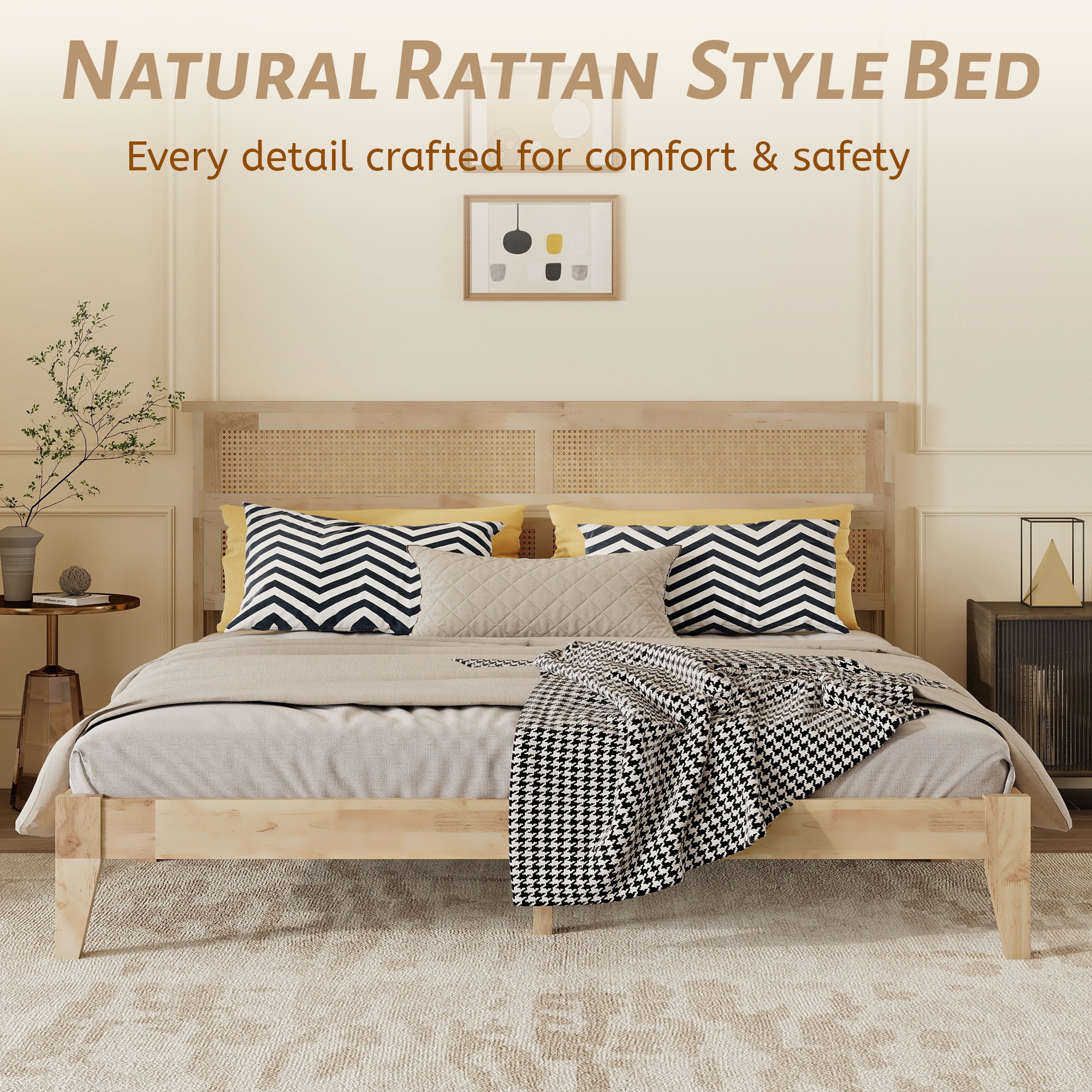 King Size Solid Wood Bed with Rattan Headboard 17 King Size Solid Wood Bed with Rattan Headboard