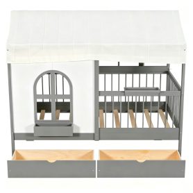 Twin Size House Bed with 2 Large Drawers, Side Bookshelf with LED Strip