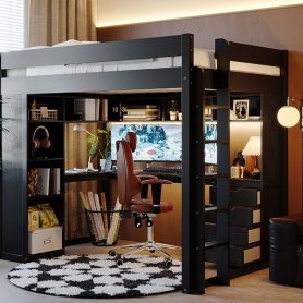 Full Size Solid Wood Loft Bed with L-Shaped Desk and 4 Drawers