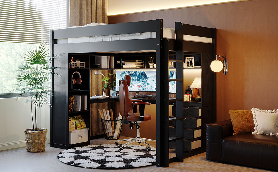Full Size Solid Wood Loft Bed with L-Shaped Desk and 4 Drawers