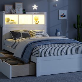 Wood Twin Bed with Drawers, Headboard And Pull Out Storage Cabinet