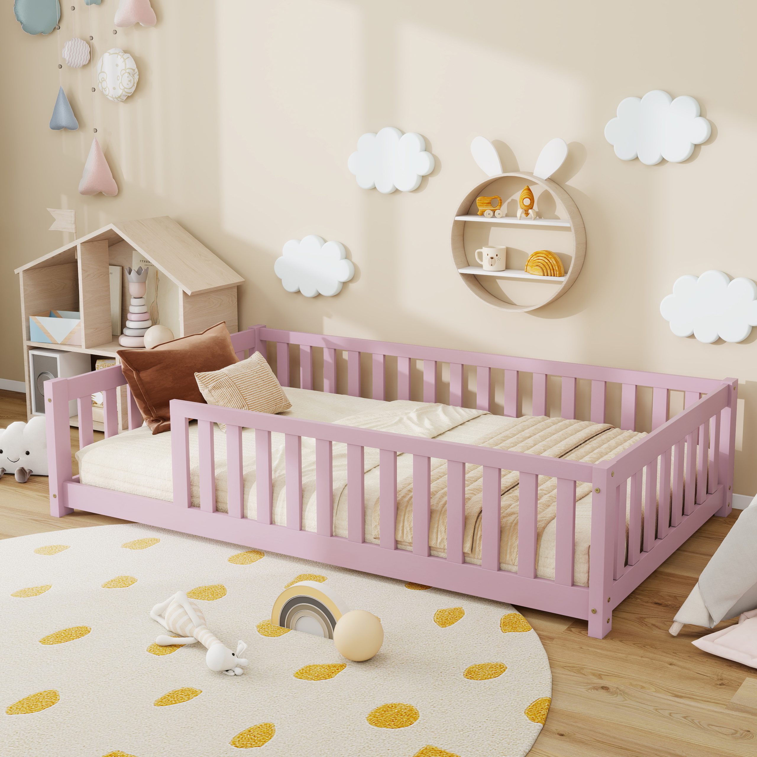 Twin Size Floor Bed with Fence without Door