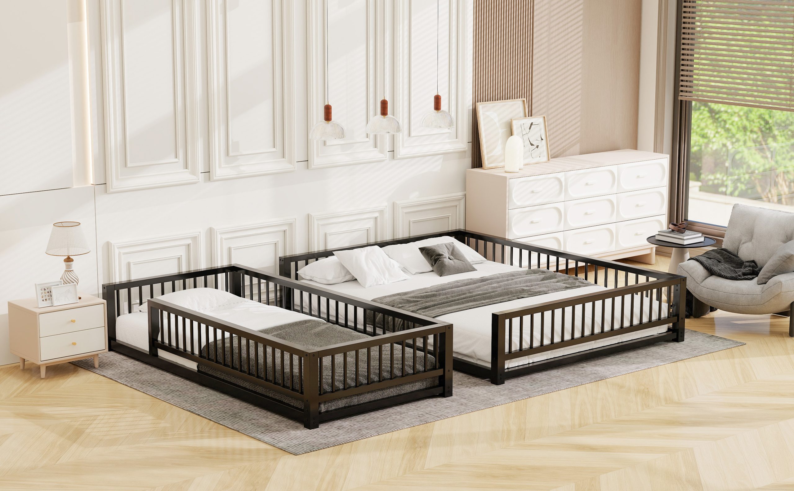 Twin XL over Queen Floor Bunk Bed with Ladder and Safety Guardrails