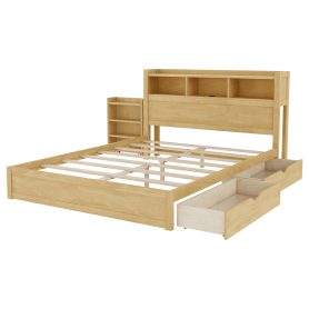 Wood Queen Bed with Drawers, Headboard And Pull Out Storage Cabinet