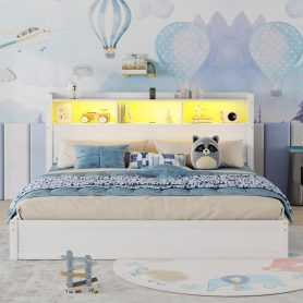 Wood King Bed with Drawers, Headboard And Pull Out Storage Cabinet
