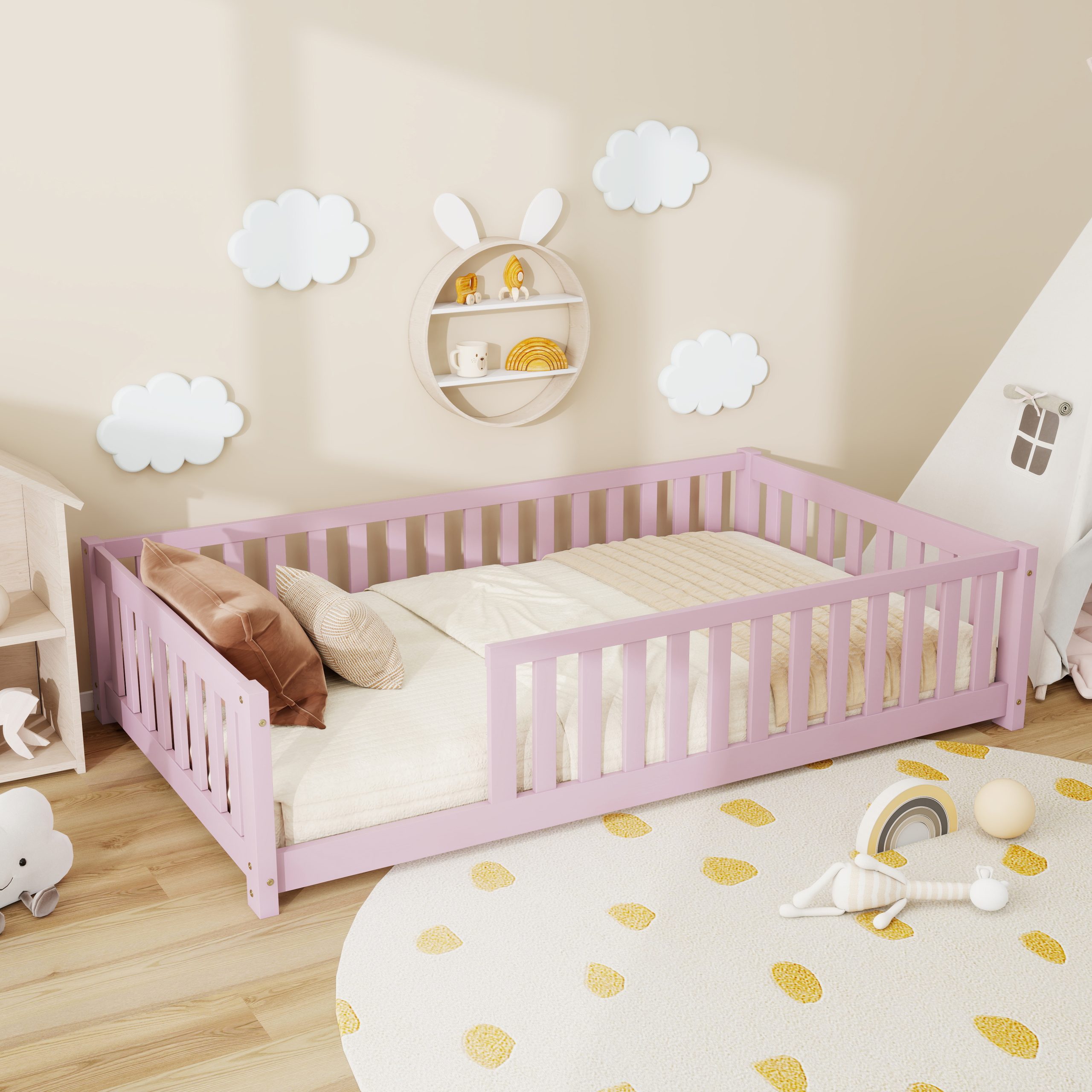 Twin Size Floor Bed with Fence without Door
