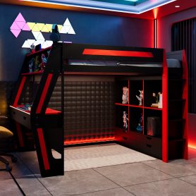 Full Size Gaming Loft Bed with Integrated Desk, Smart RGB LED Lights and USB Ports