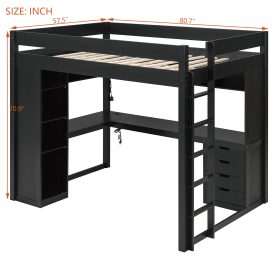 Full Size Solid Wood Loft Bed with L-Shaped Desk and 4 Drawers