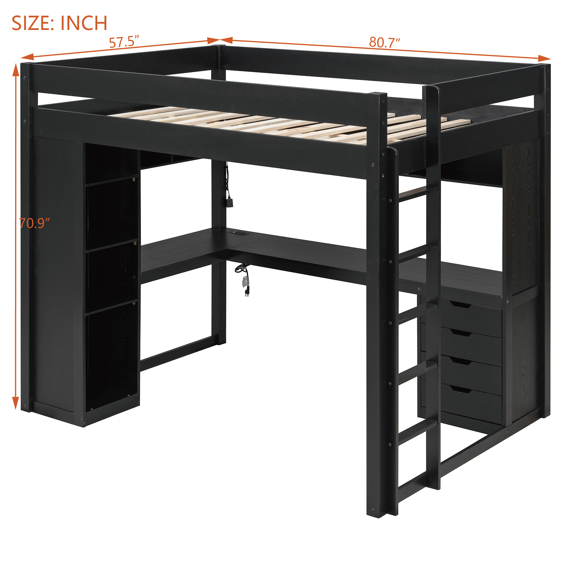 Full Size Solid Wood Loft Bed with L-Shaped Desk and 4 Drawers