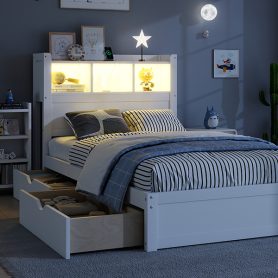 Wood Twin Bed with Drawers, Headboard And Pull Out Storage Cabinet