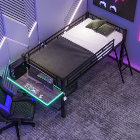 Twin Gaming Mid Loft Bed With Desk and LED Light