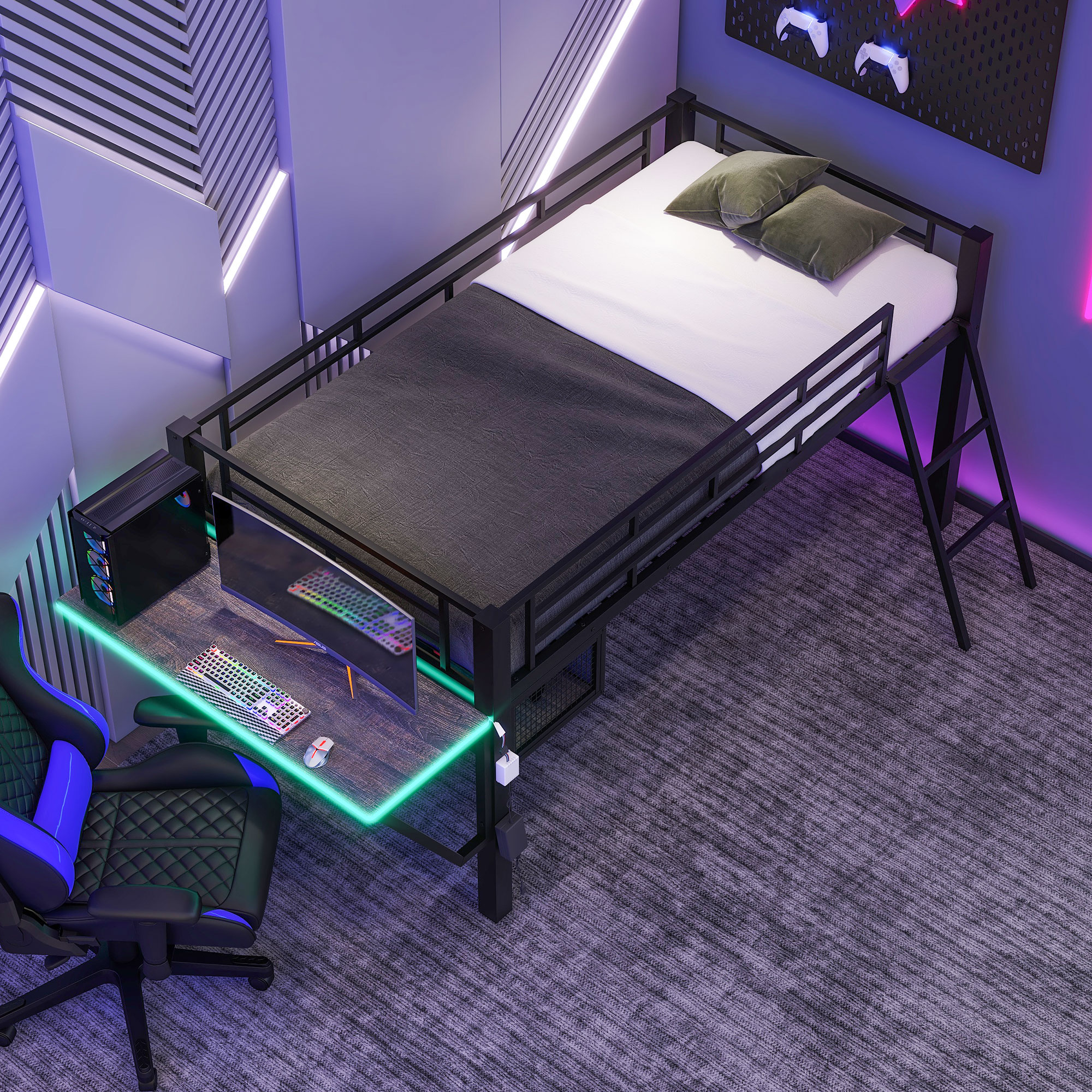Twin Gaming Mid Loft Bed With Desk and LED Light