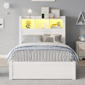 Wood Twin Bed with Drawers, Headboard And Pull Out Storage Cabinet