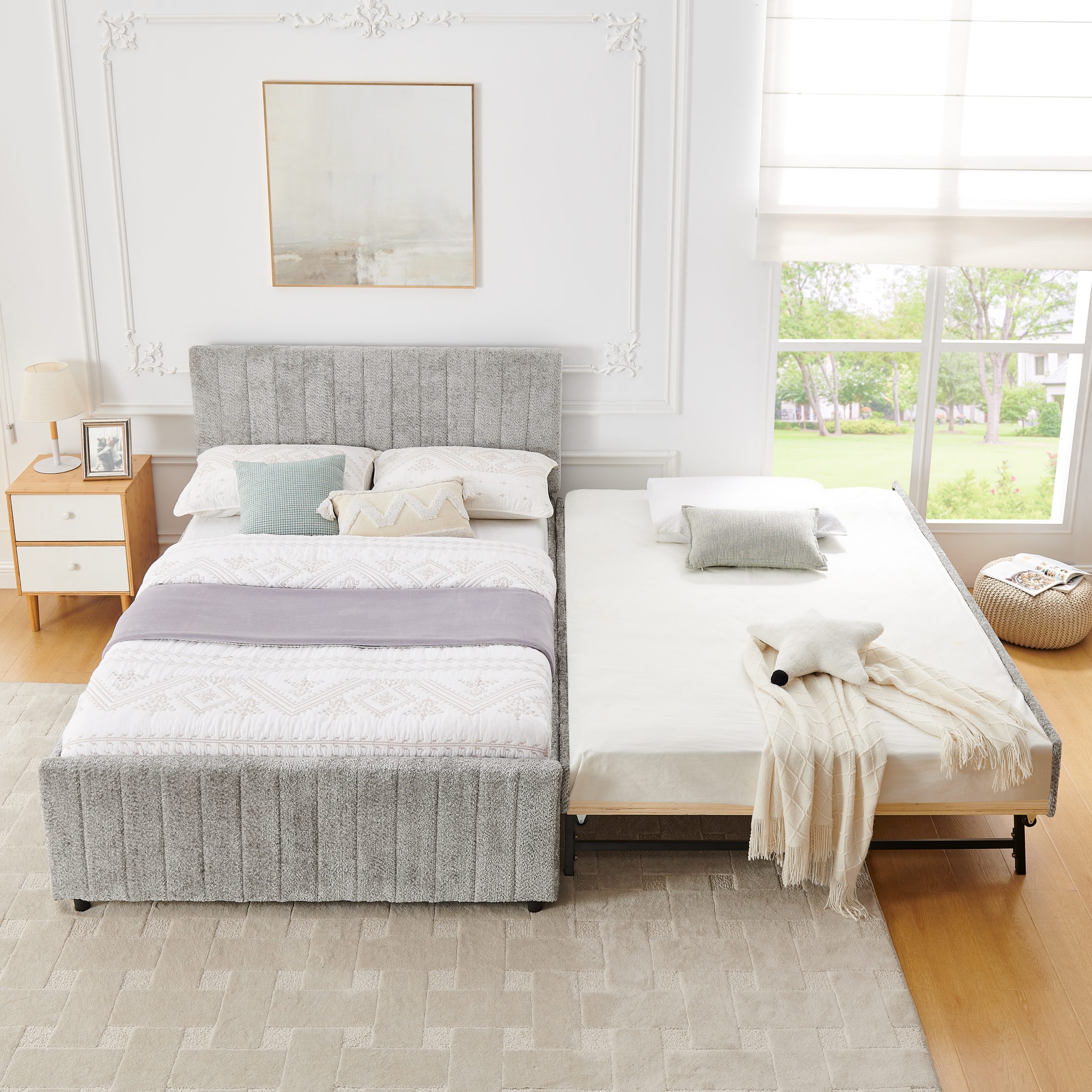 Full Size Upholstered Bed with Vertical Channel Tufted Headboard & Nailhead Trim