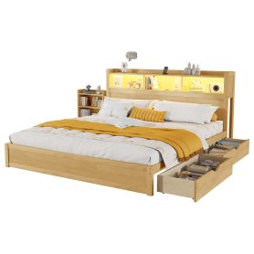 Wood Queen Bed with Drawers, Headboard And Pull Out Storage Cabinet