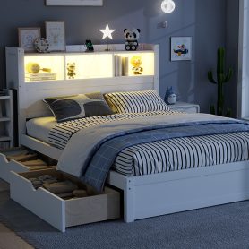 Wood Full Bed with Drawers, Headboard And Pull Out Storage Cabinet