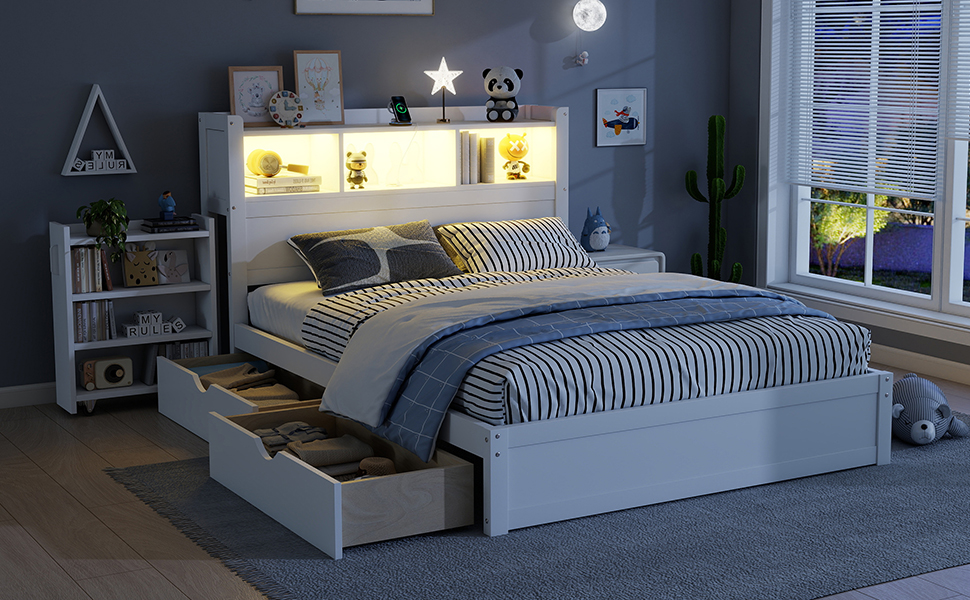 Wood Full Bed with Drawers, Headboard And Pull Out Storage Cabinet