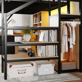 Full Size Loft Bed With Desk, Charging Station, 7 Open Storage Spaces And LED Lighting