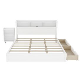 Wood King Bed with Drawers, Headboard And Pull Out Storage Cabinet