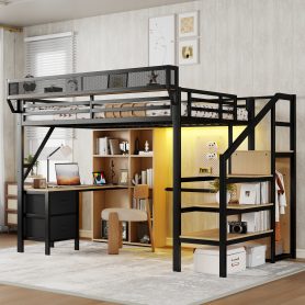 Full Size Loft Bed With Desk, Charging Station, 7 Open Storage Spaces And LED Lighting