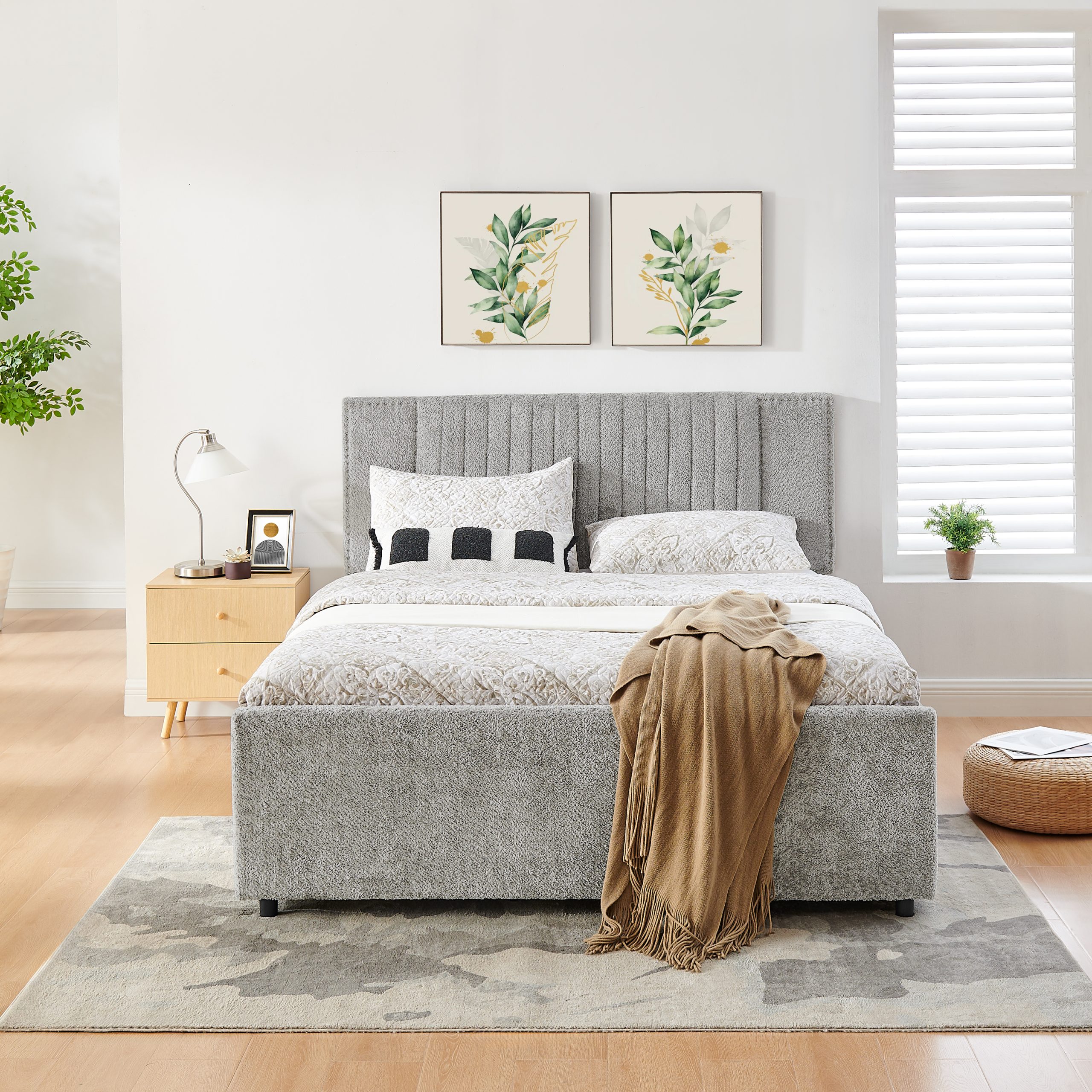 Queen Size Upholstered Bed with Vertical Channel Tufted Headboard & Nailhead Trim