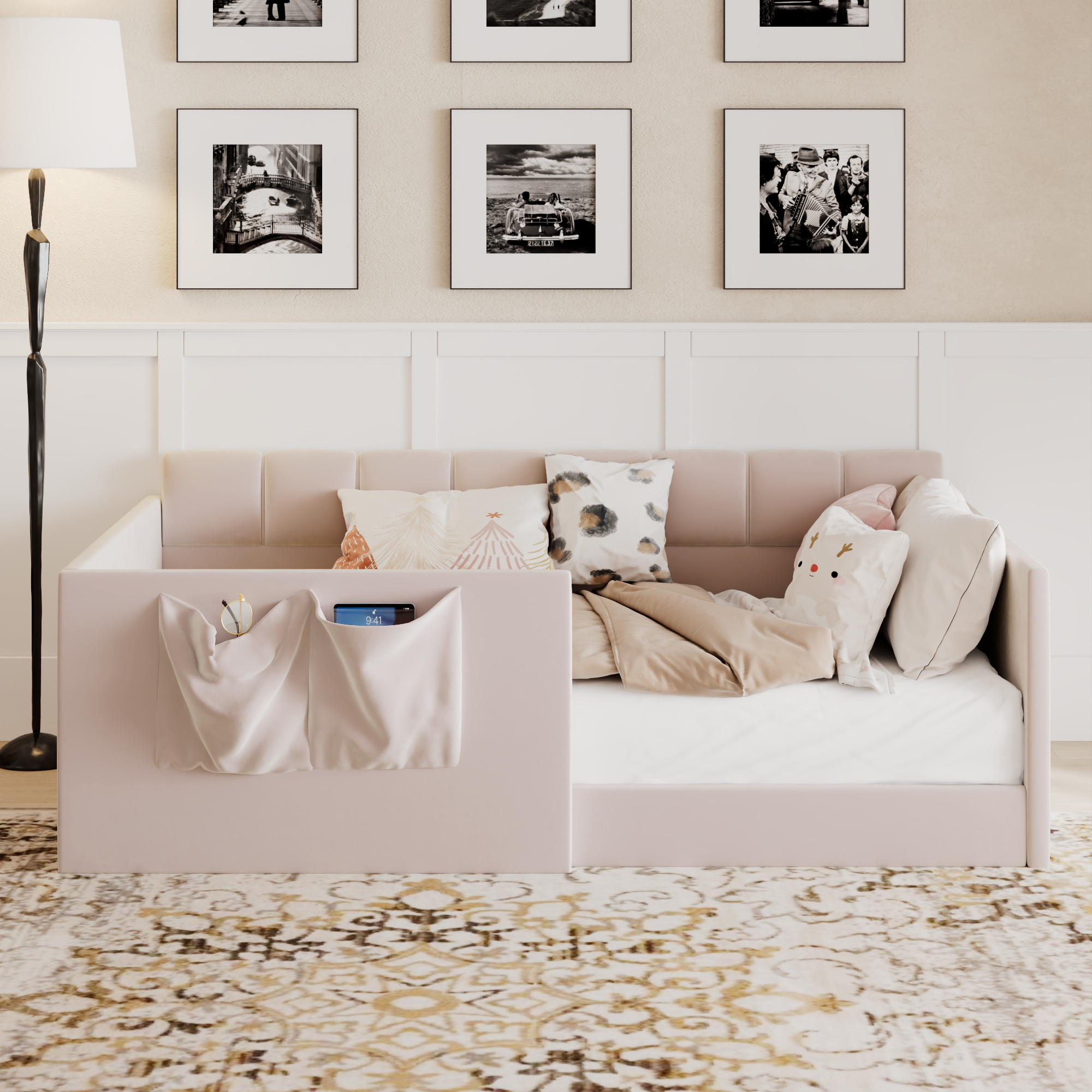Velvet Upholstered Sofa Bed with High Side Panels and Side Entrance