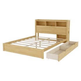 Wood Queen Bed with Drawers, Headboard And Pull Out Storage Cabinet
