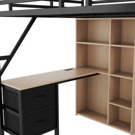 Full Size Loft Bed With Desk, Charging Station, 7 Open Storage Spaces And LED Lighting