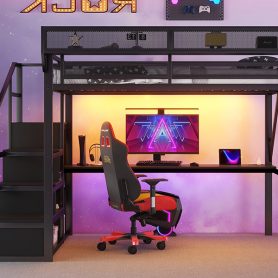 Metal Full Size Loft Bed With Desk, Charging Station, Stairs And Light