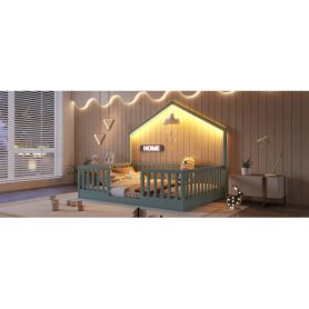 House Shape Full Floor Bed with High Rails and Light