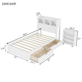 Wood Twin Bed with Drawers, Headboard And Pull Out Storage Cabinet