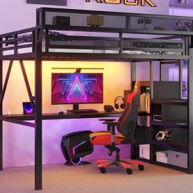 Metal Full Size Loft Bed With Desk, Charging Station, Stairs And Light