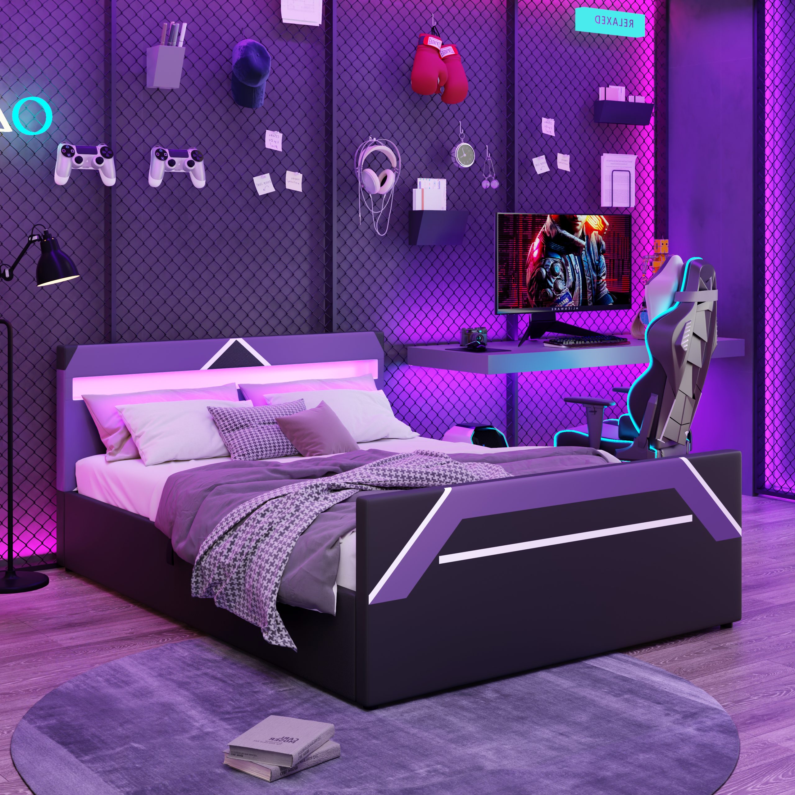 Queen Size Gaming Bed with Built-in 7-Color LED Lighting Headboard