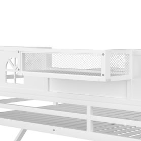 Metal Queen Loft Bed With High And House Shaped Guardrails, Stairs and Wardrobe