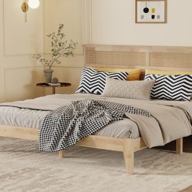 King Size Solid Wood Bed with Rattan Headboard 48 King Size Solid Wood Bed with Rattan Headboard