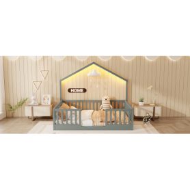 House Shape Full Floor Bed with High Rails and Light