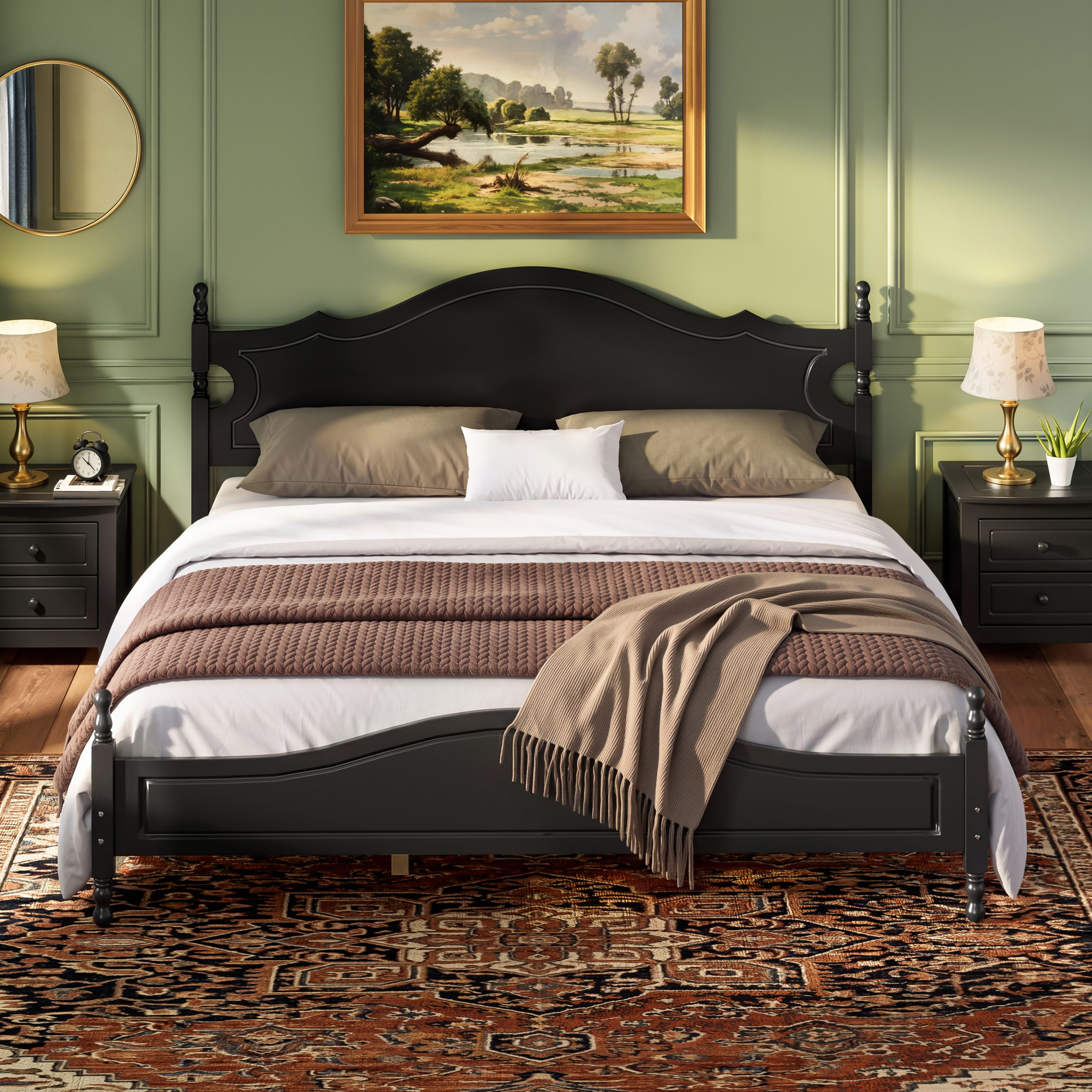 Retro Style Wooden Platform Bed with Wood Slats Support