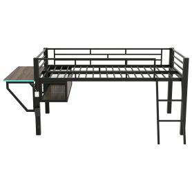 Twin Gaming Mid Loft Bed With Desk and LED Light