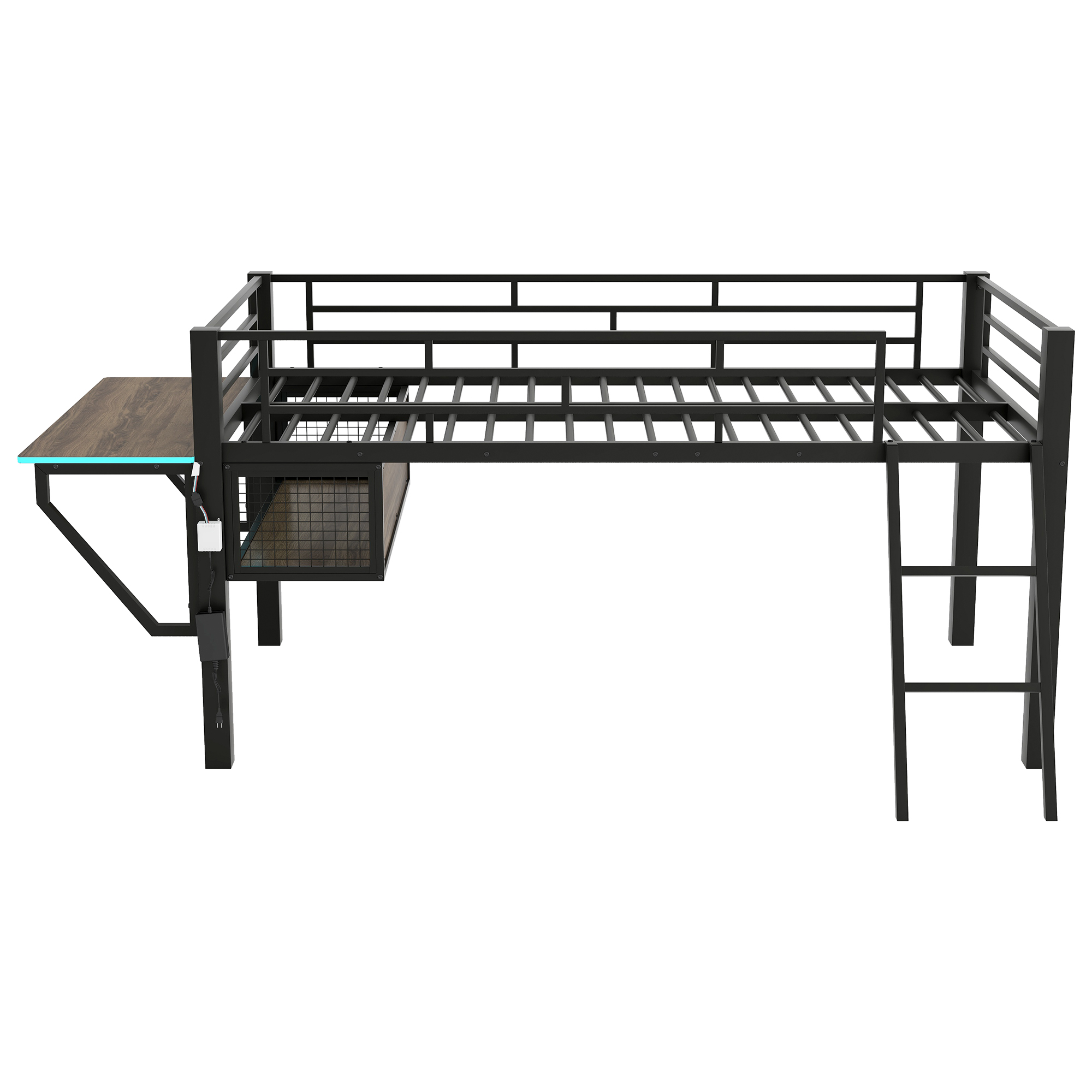 Twin Gaming Mid Loft Bed With Desk and LED Light