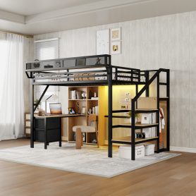 Full Size Loft Bed With Desk, Charging Station, 7 Open Storage Spaces And LED Lighting
