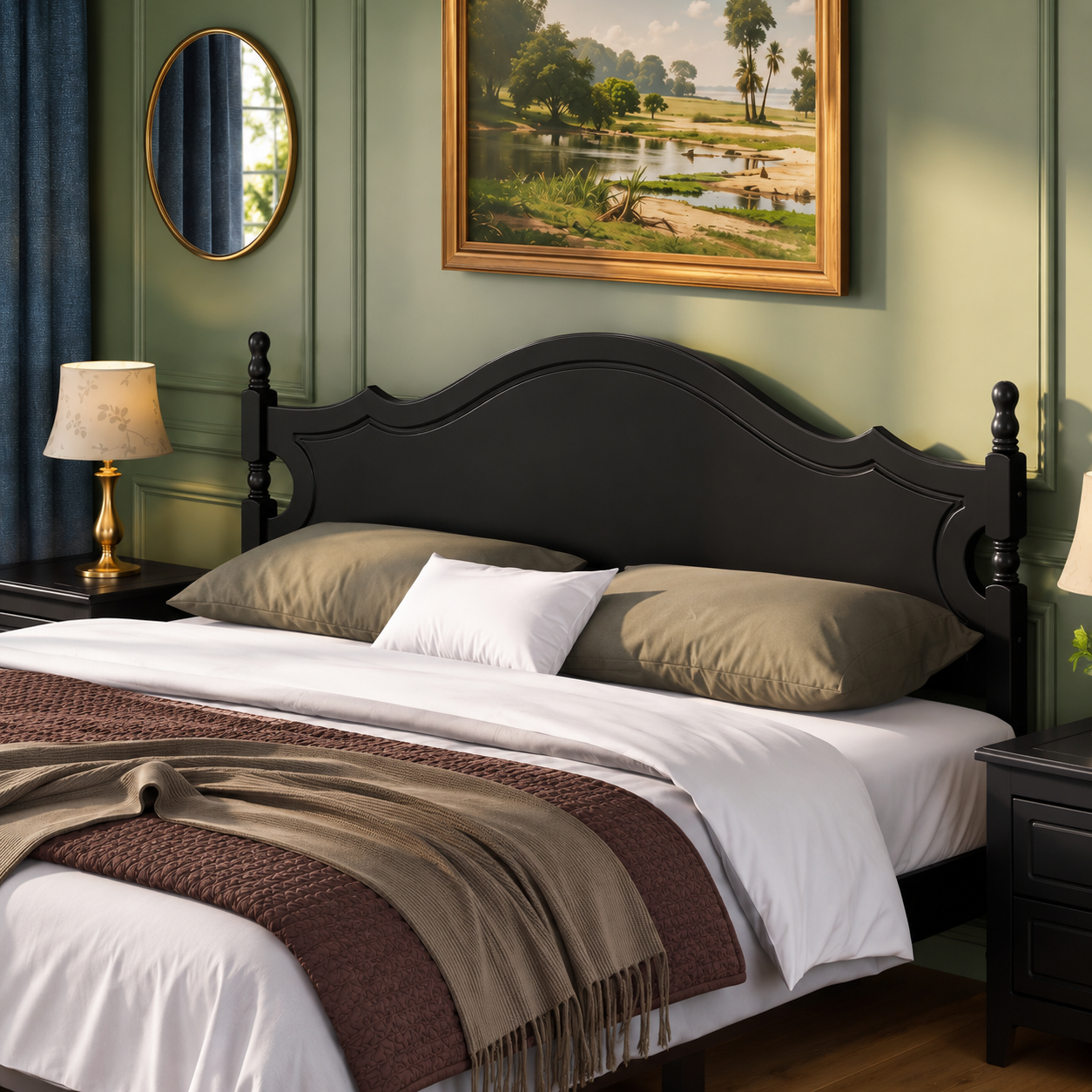 Retro Style Wooden Platform Bed with Wood Slats Support