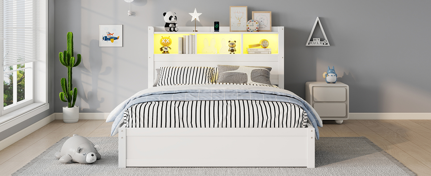 Wood Full Bed with Drawers, Headboard And Pull Out Storage Cabinet