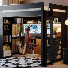 Full Size Solid Wood Loft Bed with L-Shaped Desk and 4 Drawers