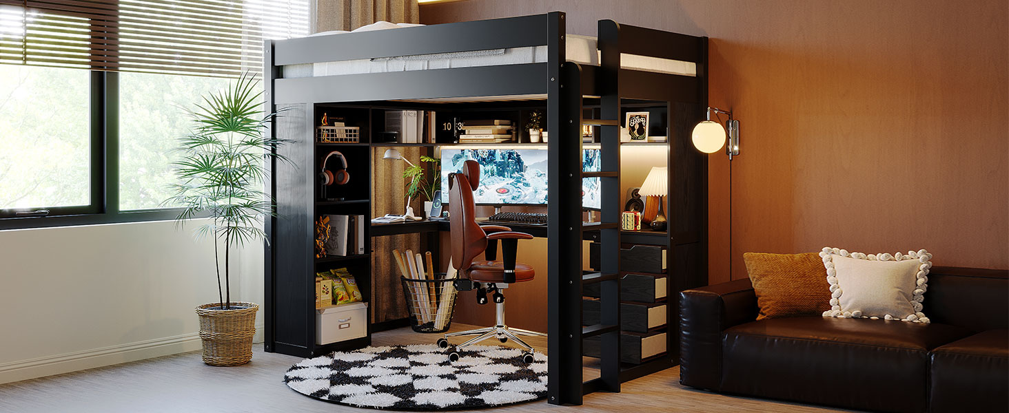 Full Size Solid Wood Loft Bed with L-Shaped Desk and 4 Drawers