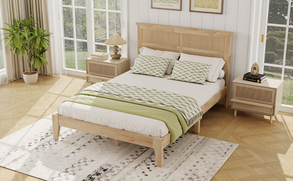 Full Size Solid Wood Bed with Rattan Headboard 23 Full Size Solid Wood Bed with Rattan Headboard