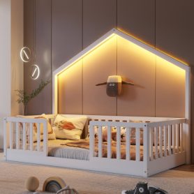 House Shape Twin Floor Bed with High Rails and Light