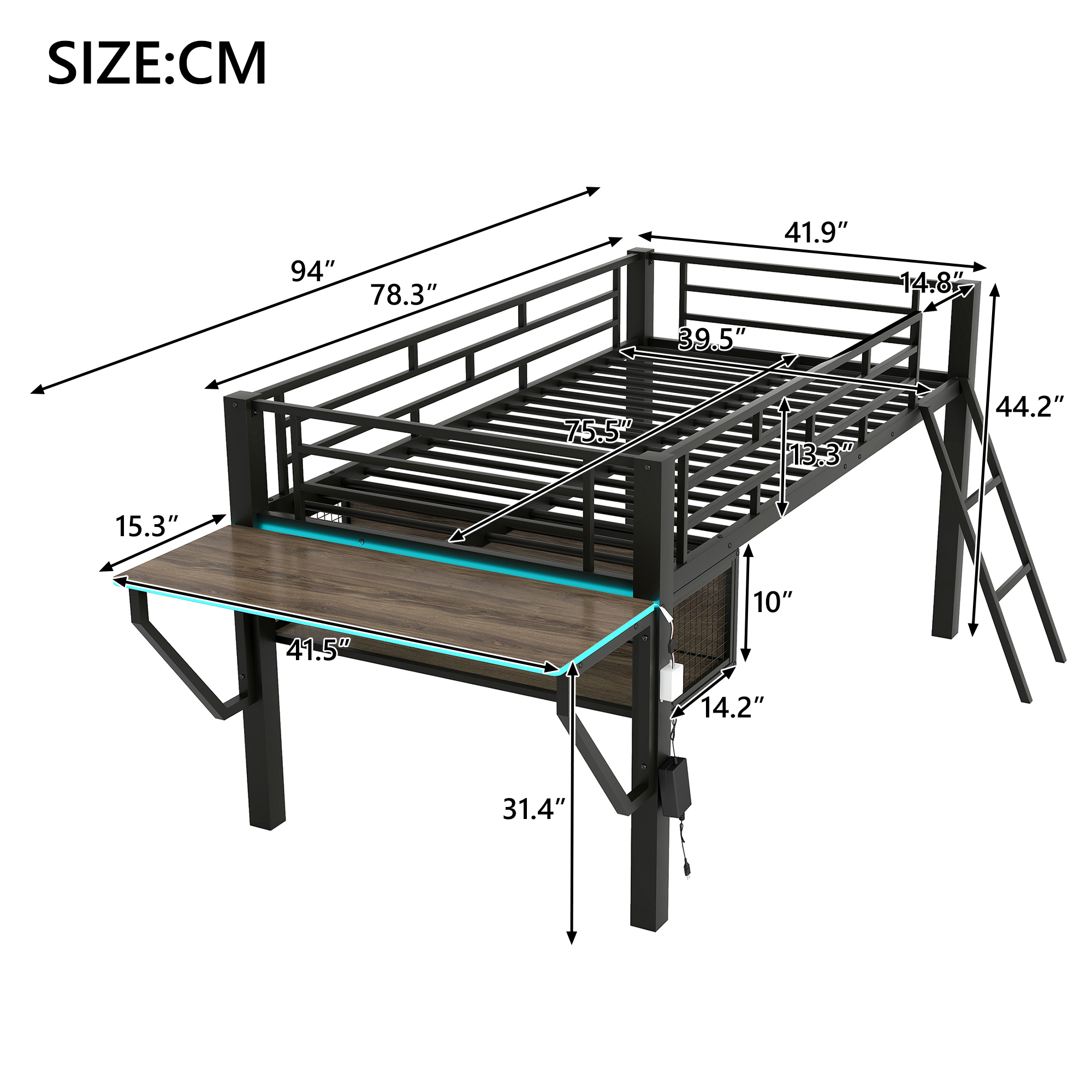 Twin Gaming Mid Loft Bed With Desk and LED Light