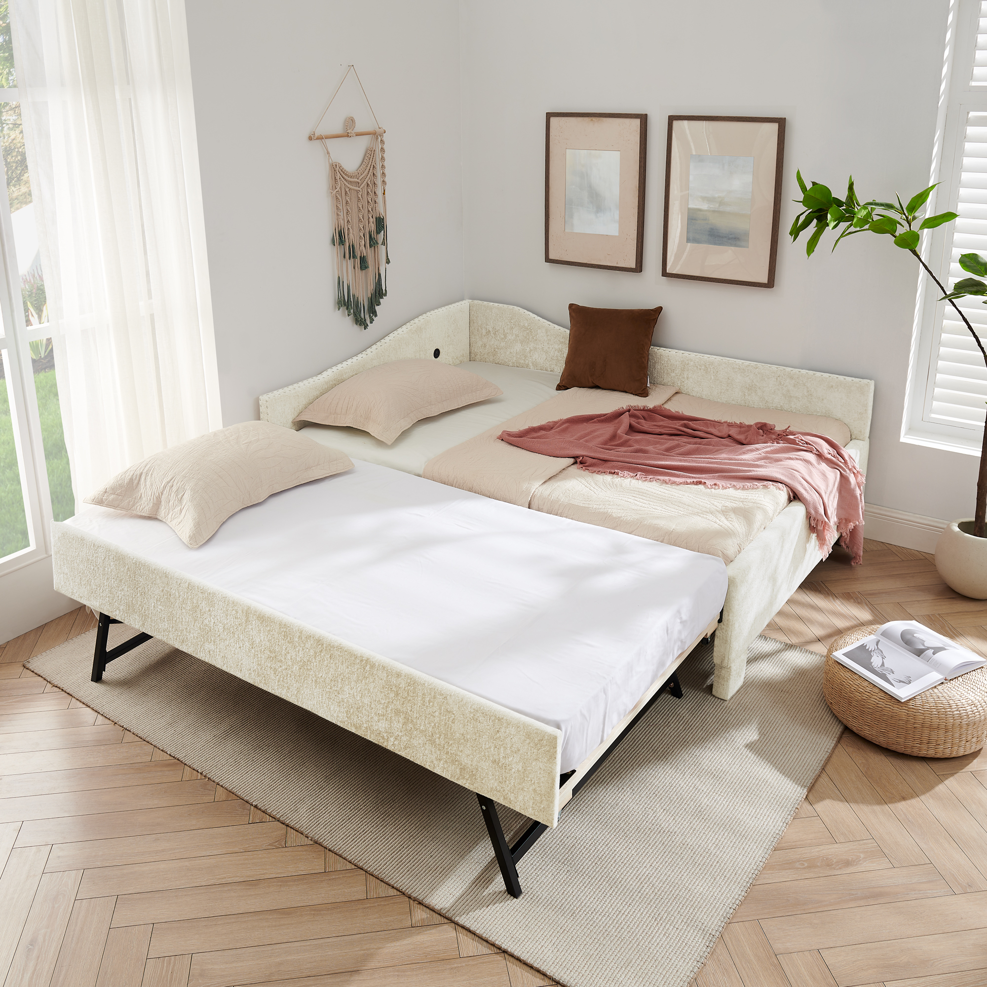 Full Size Curved Round Edge Padded Backrest Daybed